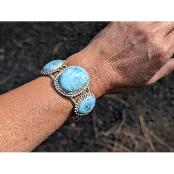 Handmade Larimar Statement Cuff Bracelet in Sterling Silver Unique Jewelry Gift* - Picture 3 of 10